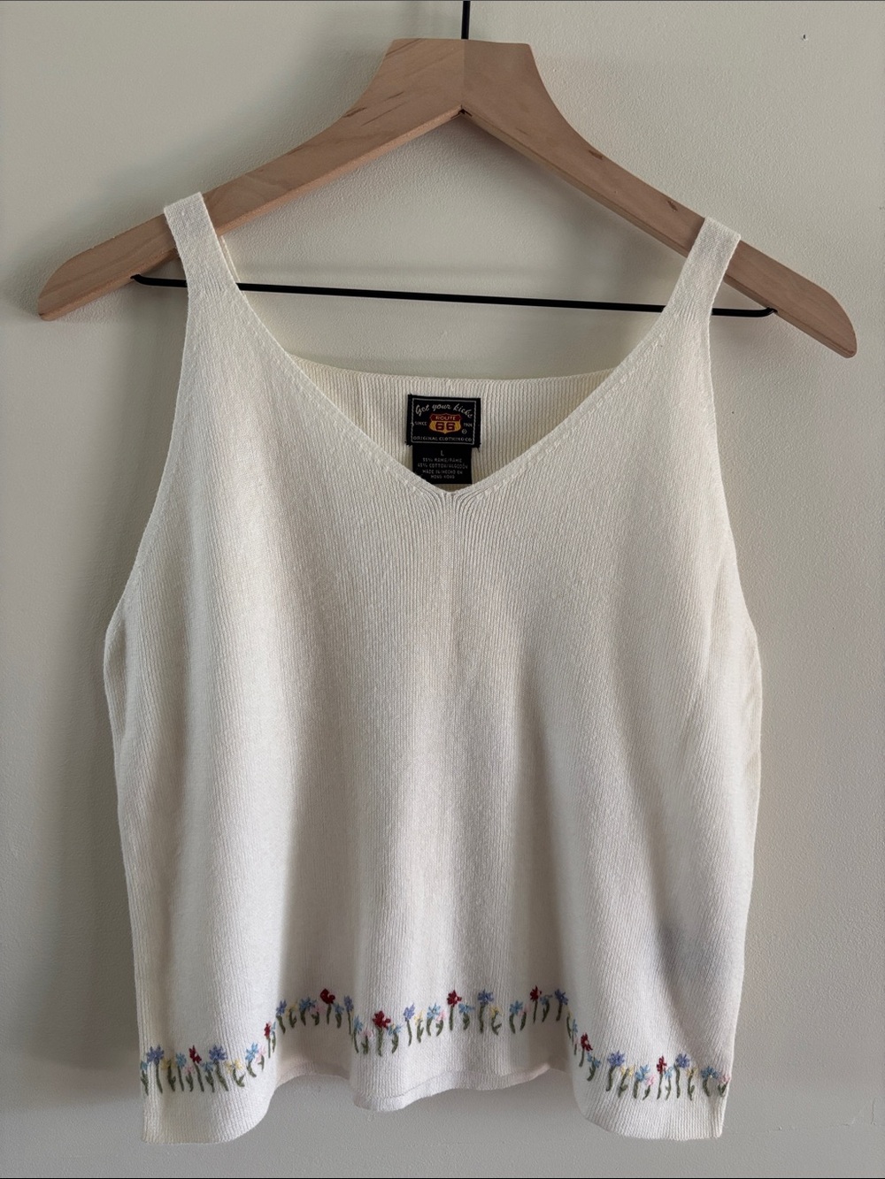VTG Route 66 • Cream V-Neck Knit Tank with Floral Embroidery